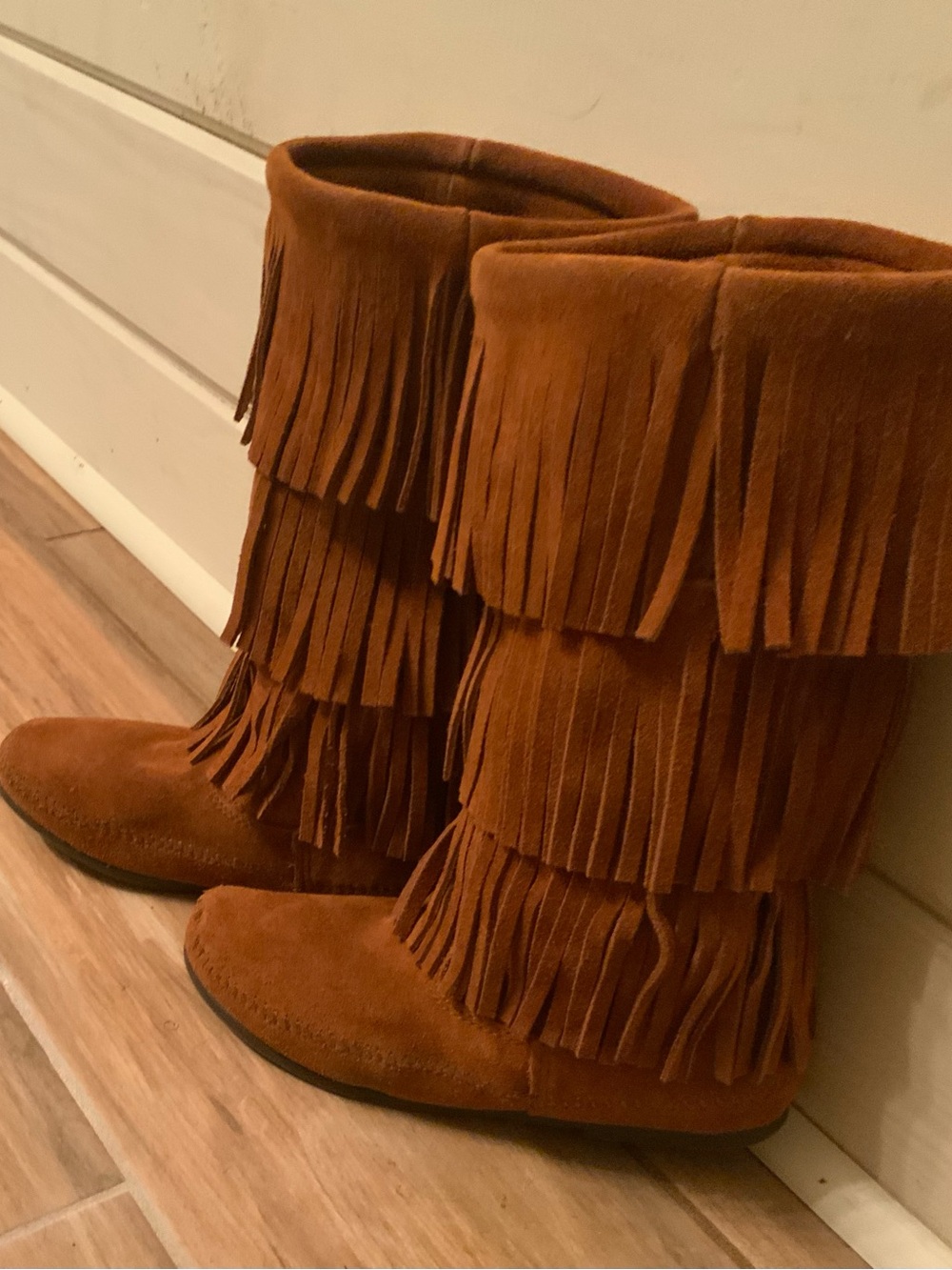 Minnetonka Triple Fringe Suede Moccasin Boots in Chestnut Brown Coachella Chic